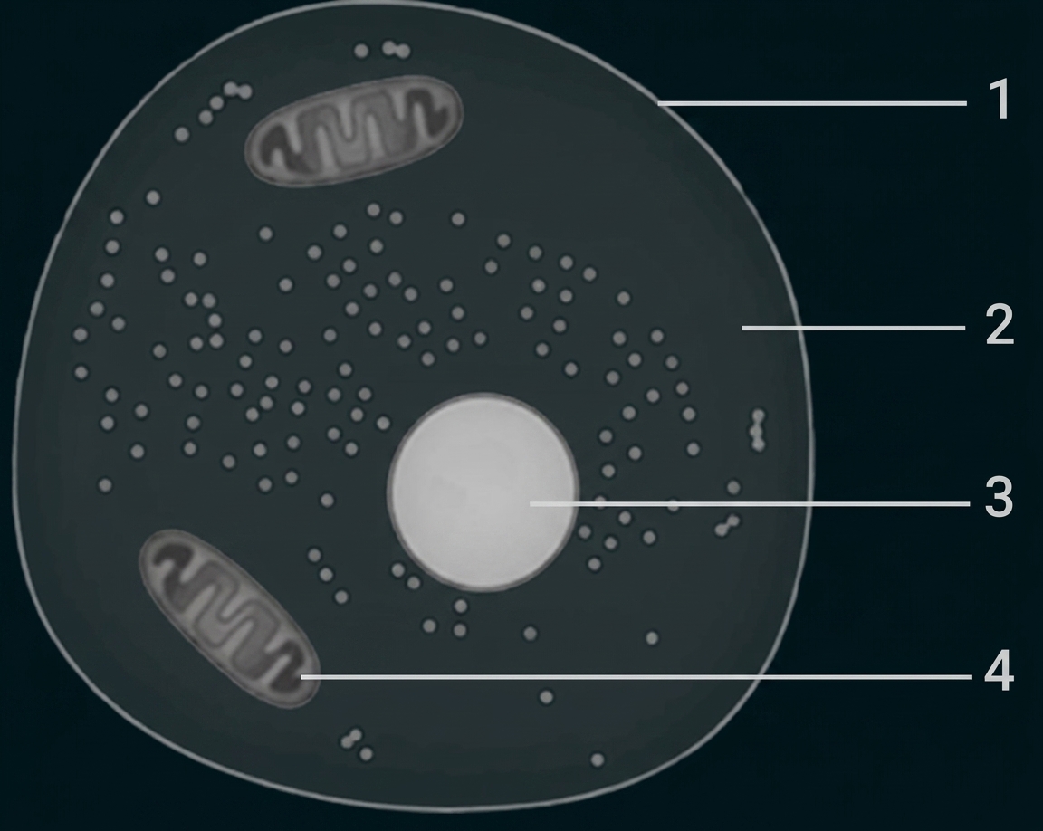 Schematische Darstellung einer Tierzelle mit Zellkern und Mitochondrien.